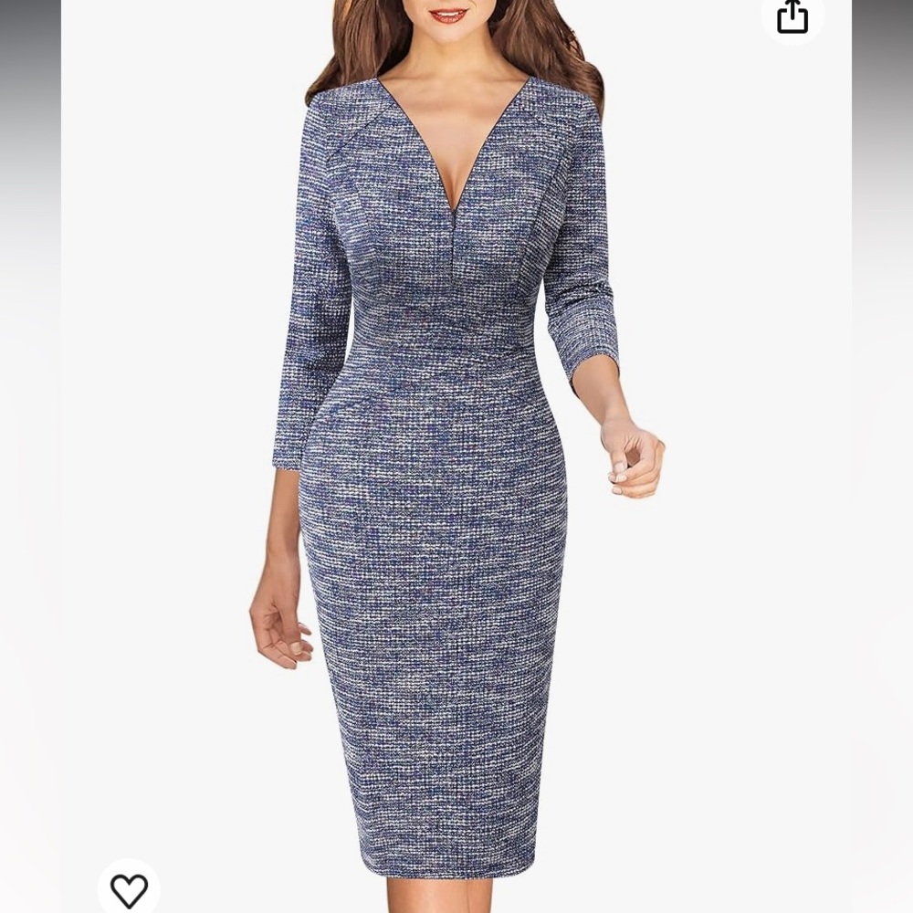 Elegant Blue Midi Sheath Dress with V-Neck
